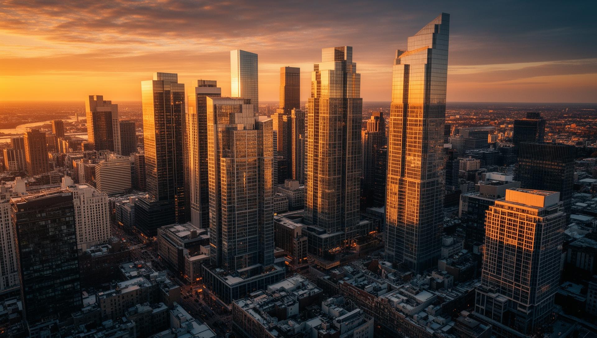 Modern architectural skyline at golden hour representing SEO growth for architectural firms